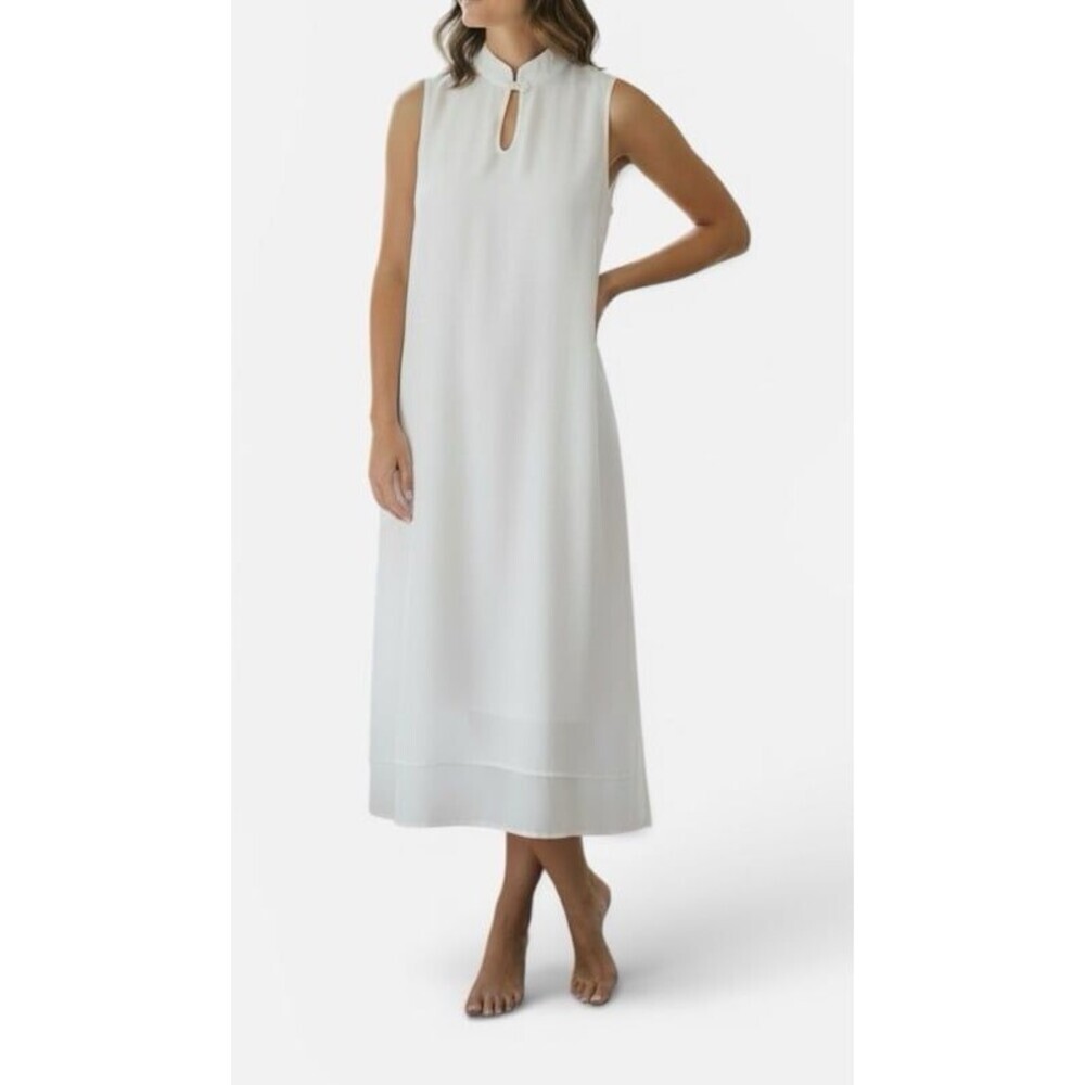 Veinfuns White Silk Blend Mandarin Collar Maxi Dress - Size M - 60% silk